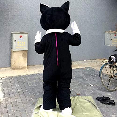 Црна бела мачка цртана костумска костум маскота плишана со маска за возрасни козмејски забави за Ноќта на вештерките