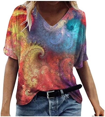 Женски врвови кратки ракави против вратот плажа Туника на врвови 2023 фустани случајна блуза уметност масло сликарство цветна летна маичка