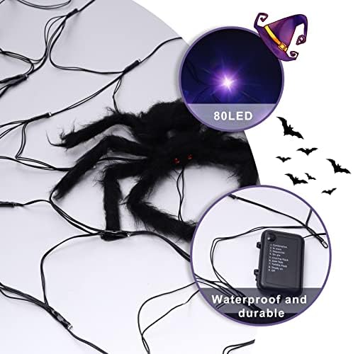Декорации за Ноќта на вештерките пајаци веб -светла, со 80 LED водоотпорни виолетови мрежни светла и 3 црни пајаци, со водоотпорна кутија