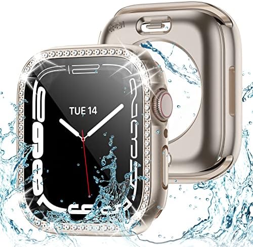 2 во 1 Блинг водоотпорен случај за Apple Watch Series 8 7 41mm, 360 Protective PC Cover Предниот и задниот браник со затегнувач на стакло,