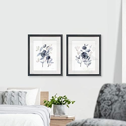 Галерија за рендери Пеони во сино 2 врамени уметнички дела, мирна ботаничка лисја уметност, акварел сина и сива, црна мат рамка, бела матка