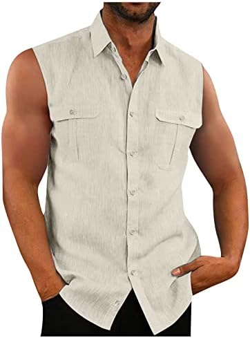 Машки памук ленен резервоар на горниот дел од цврста кошула без ракави, лесна кошула со лесна маичка нагоре