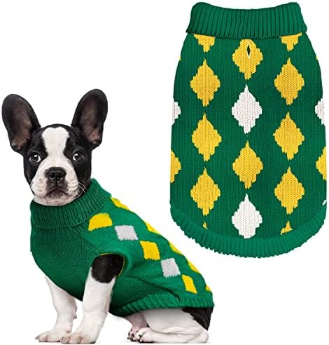 Џемпер за кучиња, плетено куче, топла зимска облека за средни кучиња мачки кутре класично зелена карирана територија плетена облека