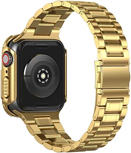 Дизајниран За Apple Watch Band Со Капак Случај И Калено Стакло Заштитник На Екранот, Нерѓосувачки Челик Метал Синџир Паметен Часовник