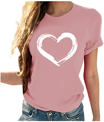 Женски маички слатки срцеви графички маички летни кратки ракави врвови 2023 обични екипаж Туника врвови модни слатки блузи