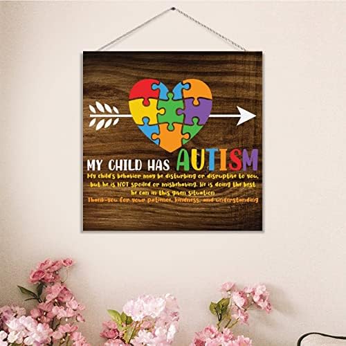 Арогелд Моето дете има сложувалка со аутизам, дрвен знак за аутизам, знак за подигнување на свесност за сложувалка Аутистична