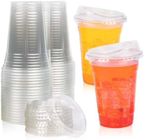 100 Проѕирни Чаши Со Капаци, 16оз-Пластични Чаши Без Слама Со Капаци-Шолји За Ладно Кафе За Еднократна Употреба Со Капаци-Проѕирни