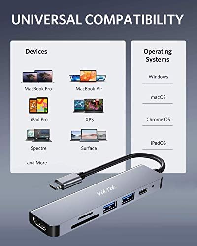 ВИКТК УСБ Ц Центар 6 Во 1 Пренослив Алуминиумски УСБ Ц Мултипорт Адаптер За MacBook Pro/Air mac, со 2 USB 3.0 Порти, 4K HDMI, 100w Pd