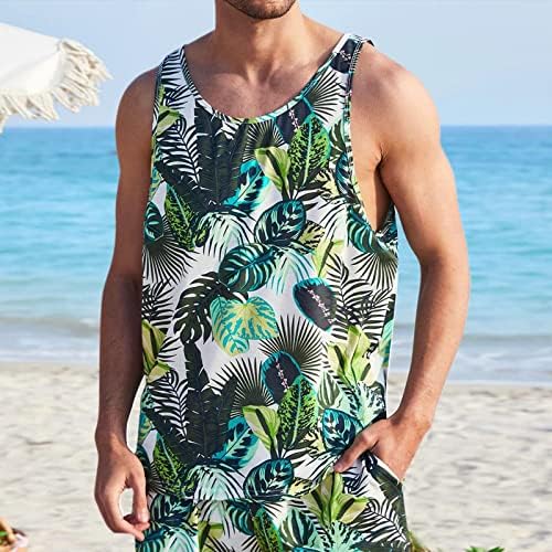 Мажи лето обичен резервоар врвот Хавајски цветни кратки сет тропски облека кратки врвни маици за мажи за мажи