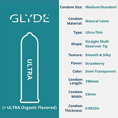 Глиде јагода со вкус на ултра тенки кондоми - 4 брои - органски екстракт од јагода, ултра -тенки, вегански, нетоксични, природна гума