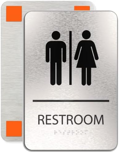 Знак за тоалетот на унисекс, алуминиумска четкана сребро, тешка двострана лента за монтирање за лесно инсталирање на тоа, знаци за бања во согласност