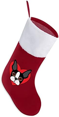 Бостон териер со срца Божиќни порибни чорапи со кадифен камин што виси за декор за домашно дрво