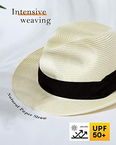 Comhats upf 50+ унисекс Сонце слама федора капа за жени мажи, спакувана капа на плажа широко гребена панама капа УВ летна капа