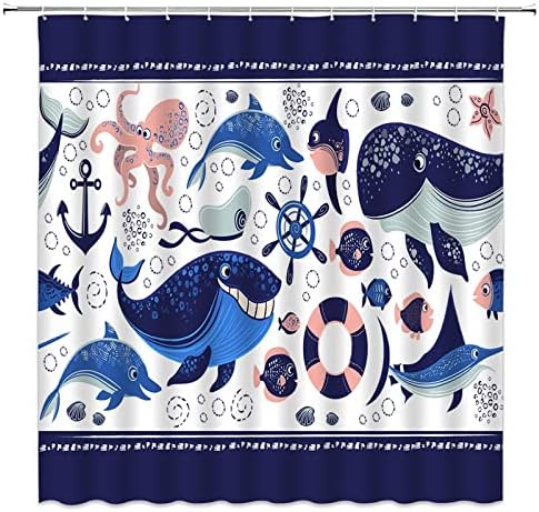 Цртан филм кит туш завеса симпатична океанска животинска морнарица сино розови риби октопод сидро корпил наутички морски тема ткаенина бања завеса