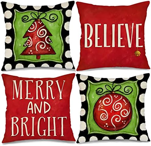 Geeory Божиќна перница опфаќа 18х18 сет од 4 за Божиќни украси Среќни и светли Верувај Божиќ Божиќни перници Зимски празници Фрли Перници Божиќ