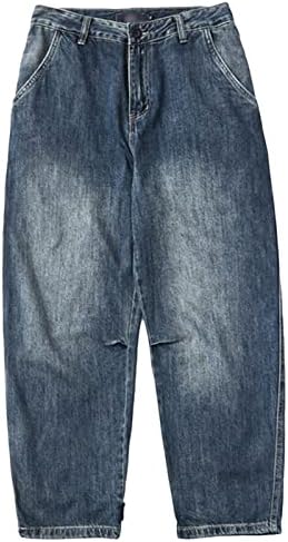 Машка мода лабава измиена потресена фармерки Обични гроздобер права панталони за нозе ретро патент мото панталони