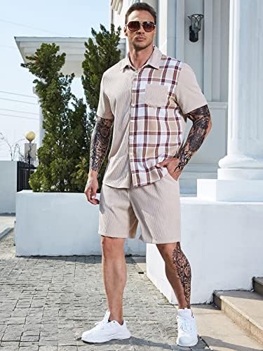 Lubose Облека со две парчиња за мажи, карирани кошула и шорцеви за печатење и шорцеви