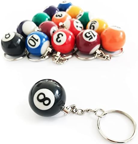 Билиард топче за клучеви, клуч за клучеви во базен, поставени 16 парчиња, месинг ланјард мини магични клучеви топки на ланецот Осумбол Болас Билар