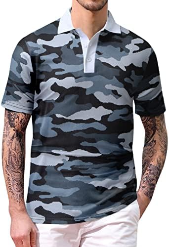 XXBR машки поло маици, кратки ракави камо -обични голф кошула копче вратот лето маскирна тенок фит спортски тенис тени врвови