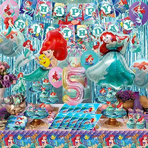 Декорација на 5 сирена 5 -ти роденден, украси за забава во сирена вклучуваат среќен роденденски банер, балони, завеси од фолија, чинии, чаршафи,