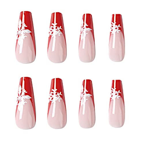 Црвен розов француски печат на нокти за жени девојки долги ковчешки сјајни сјајни снегулки Цвет цвет целосна обвивка за еднократна