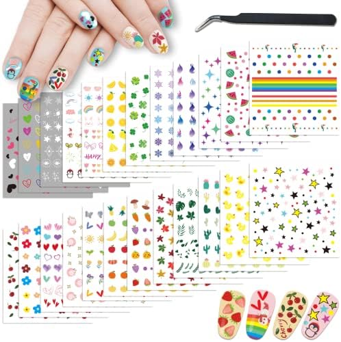 24 листови налепници за нокти за девојчиња жени и деца, налепници за уметност за нокти, зајаче пингвин, цветна срцева starвезда Виножито