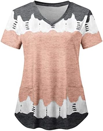 Femaleенски краток ракав 2023 Облека V вратот графичка работа чистеше блуза кошула есен летен блуза за девојчиња со џебови 37 37