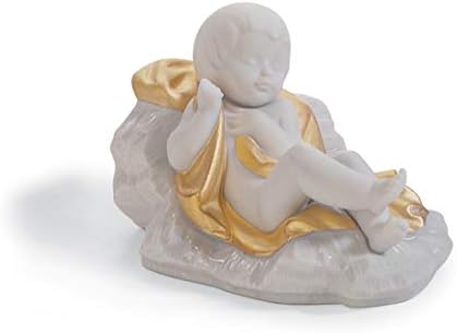 Фигура за народеност на бебето Исус. Златен сјај. Порцеланска бебе Исус фигура.
