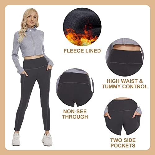 Lalahook Fleece ги постави зимските хеланки со џебови за жени, контрола на стомакот со висока половината мека термичка топла пешачење