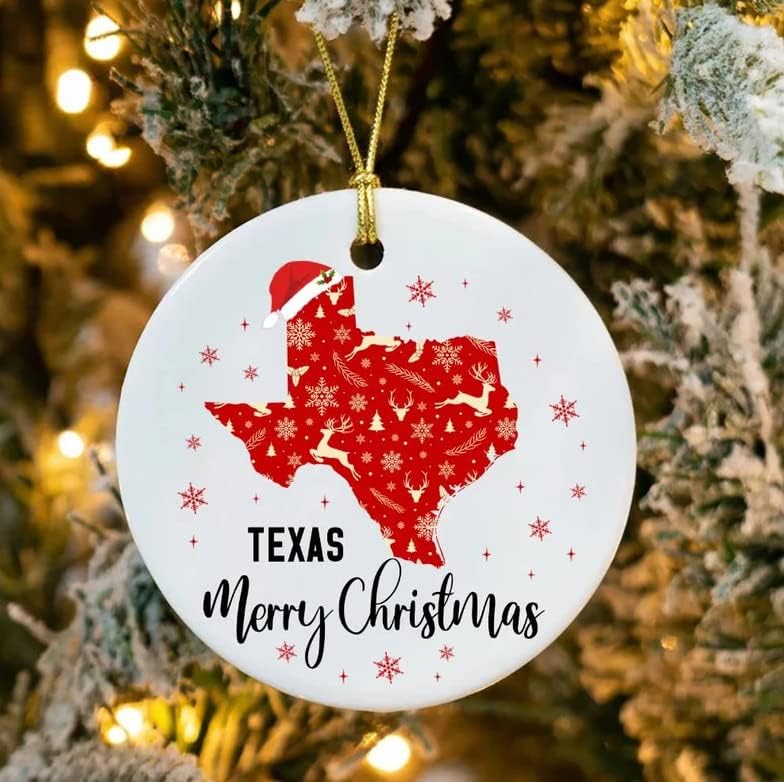 Мери Божиќен украсен украс во Тексас, украс во Тексас, украс на мапа, украс на земја, Божиќен керамички украс 2 едностран