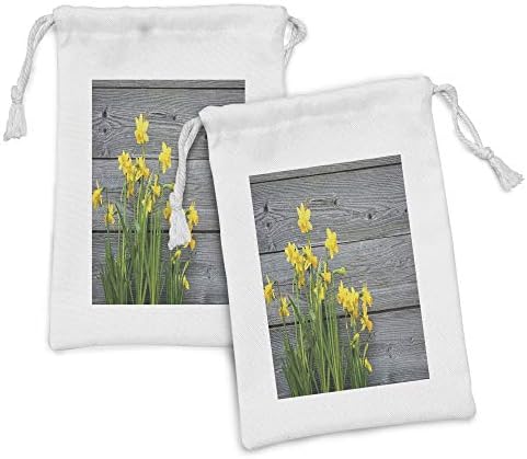 Ambesonne жолта цветна ткаенина торбичка сет од 2, букет дафодили на дрвени штици градинарство рустикална земја тема, мала торба