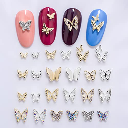 24 парчиња 3Д пеперутки за нокти привлечни кристали дијаманти rhinestones, метални легури златни сребрени пеперутки шарм дизајни за