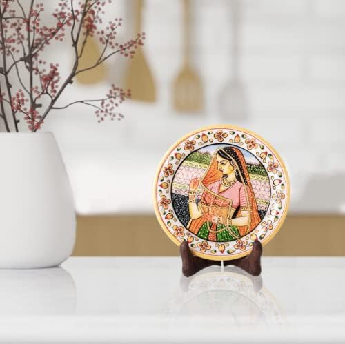 Мермер декоративна чинија Традиционална индиска рачна форма на тркалезна форма на грнчарски плоча со штанд за декорација за украси за домашни канцеларии и надава?