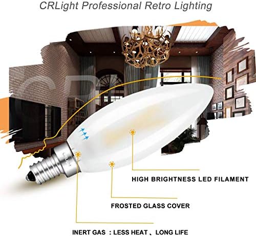 CRLight LED Candelabra Сијалица 25w Еквивалент 250 Лумен, 3000k Мека Бела 2w Филамент LED Лустерот Светилки, E12 База Гроздобер Едисон Б10 Матирано
