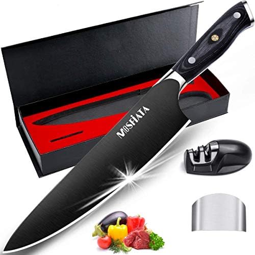 Mosfiata 8 ”Супер остра титаниум позлатена нож со готвач со острилка за прсти и нож во кутија за подароци, германски висок јаглерод не'рѓосувачки