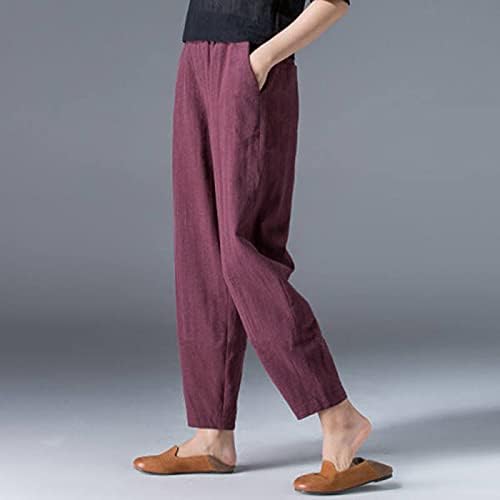 Beuu женски обични памучни постелнини залепени капри панталони лабава еластична половината на глуждот со исечени панталони со странични џебови