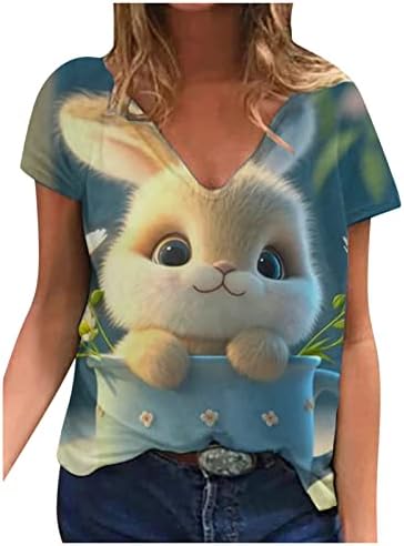 Смешни велигденски кошули за жени 2023 празнична блуза 3Д печатење симпатична кошула за зајаче лето екипаж за кратки ракави за