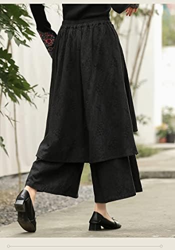 Uktzfbctw Кинески етнички стил извезена широка нозе со ласкави здолниште со еластична половината кулоти женски девојки панталони