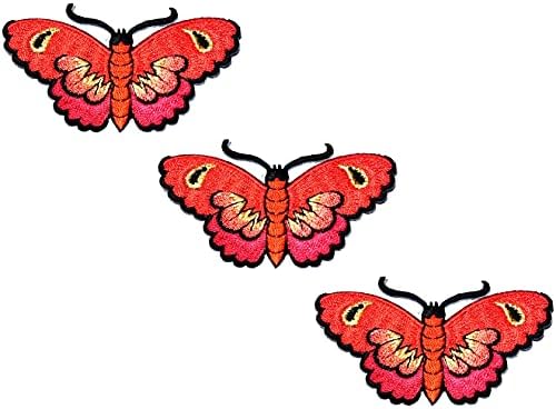 HHO Patch Set 3 парчиња. Прилично црвена пеперутка железо на везени закрпи пеперутки цвеќиња цртан филм мотив Апликација за везење облека за лепење