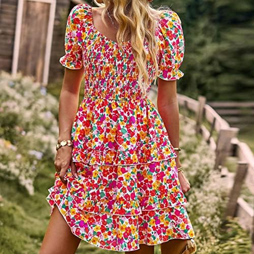 Женски бохо цветен фустан од рамената пушан фустан летен обичен пуф со кратки ракави со кратки ракави, издлабени проток на миди фустан