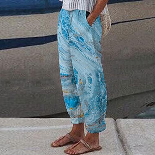 Женски памучни постелнини панталони обични плус големина удобно цветно печатено палацо панталони со висока нога со ширина на половината