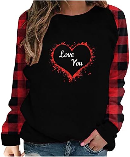 Loveубовни графички врвови на срцето за жени, женска мода крпеница симпатична биволска карирана долга ракав Туника пуловер врвови блуза