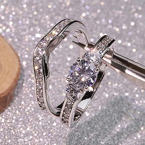Целосен дијамантски loveубов во форма на прстен моден трендовски полуколон прстени девојки шуплива резба дијамантска двојка прстен накит