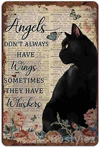 Ангелите немаат секогаш крилја калај знак гроздобер цветна црна мачка wallид декор, спомен на мачки 8 x 12 инчи