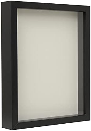 Рамки 8 ”x 10” црна дрвена кутија со сенка - мека чувствувана грб, калено стакло и вклучени елегантни иглички за притискање на бела топка