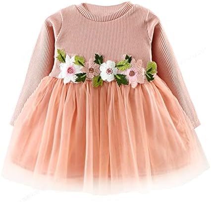 Фустани за девојчиња есен за 3months -3t девојки, летен фустан со долг ракав со цвет со цвеќиња од првиот роденден фустан