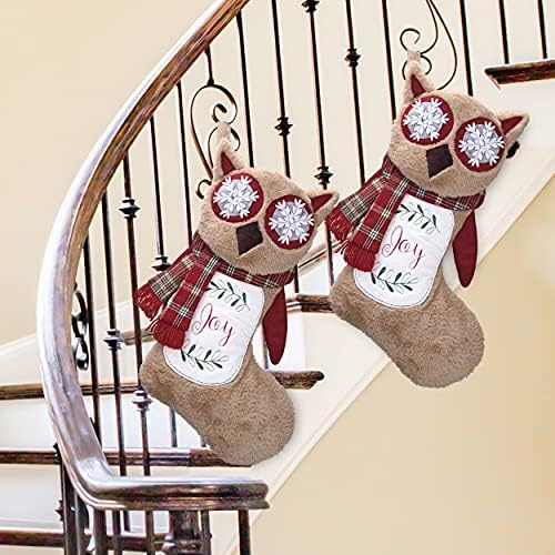Valery Madelyn 21 инчи Голем шумски 3D Owl Божиќни чорапи украси Персонализирани висечки украси со манжетни за крзно за Божиќни подароци