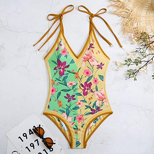 Wените жени цветни печати реверзибилна облека за пливање, каиш од шпагети 1 парче костим за капење, костум за капење на вратот, контрола