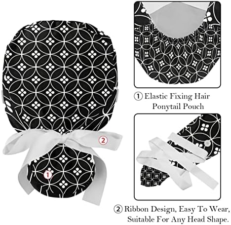 Медицински капачиња за жени со копчиња долга коса, 2 парчиња прилагодливо работно капаче, јапонски традиционален црн геометриски