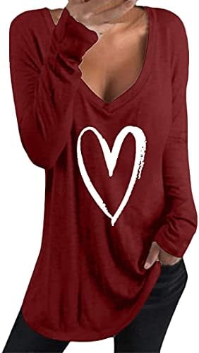 Angенскивел женски долг ракав срцев печатење со кошули со врат од вратот лабава маица маици со маици со маици со блузи кошули